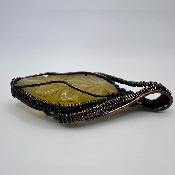 Handmade Yellow Onyx Carved Leaf Copper Necklace Pendant - Picture 2 of 3